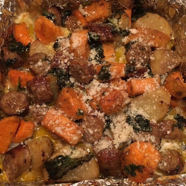 Sweet Potato, Kale and Sausage Bake with Cheese