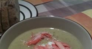 Asparagus and Yukon Gold Potato Soup with Crab and Chive Sour Cream