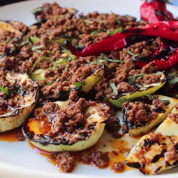 Grilled Pattypan Squash with Hot Chorizo Vinaigrette