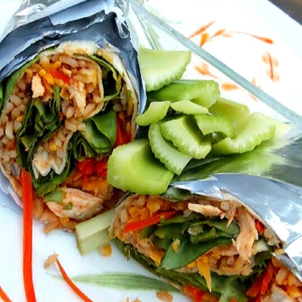 Buffalo or Barbeque Chicken and Rice Wraps