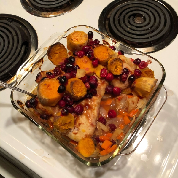 Baked BBQ Chicken with Sweet Potato and Cranberries