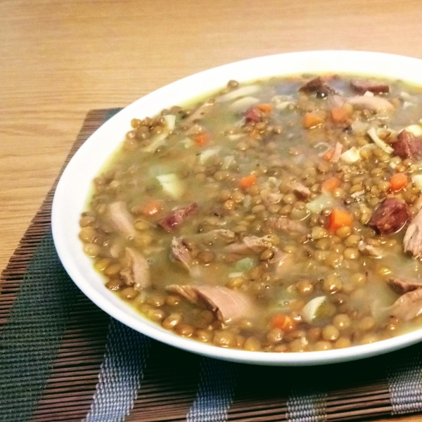 Andouille, Mushroom, and Lentil Soup