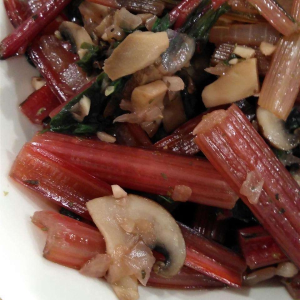 Sauteed Swiss Chard with Mushrooms and Roasted Red Peppers
