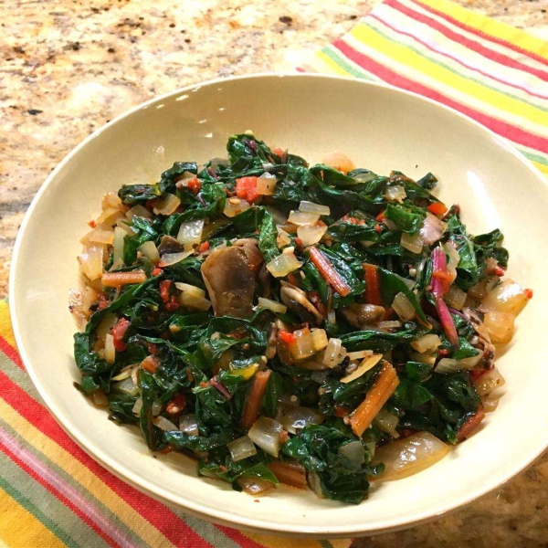 Sauteed Swiss Chard with Mushrooms and Roasted Red Peppers