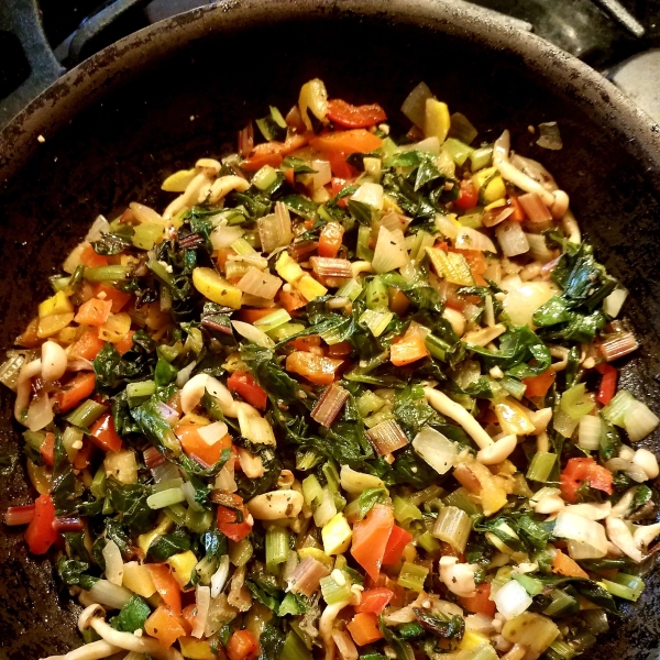 Sauteed Swiss Chard with Mushrooms and Roasted Red Peppers