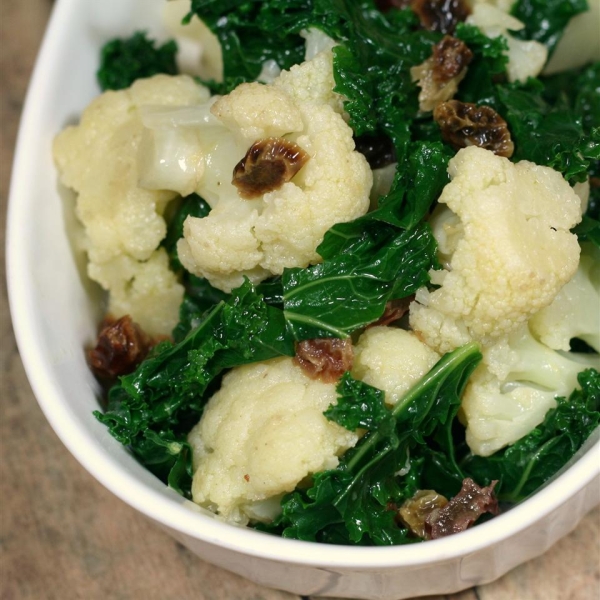 Cauliflower and Kale with Mustard Currant Dressing