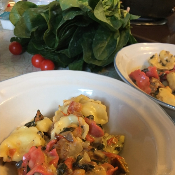 Cheese Tortellini with Italian Sausage and Mushroom-Spinach Cream Sauce