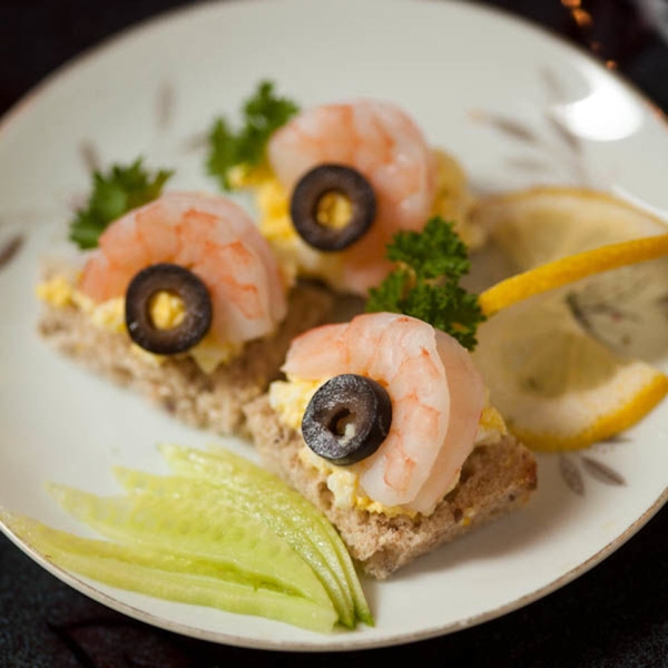 Shrimp Canape with Egg Salad and Olives