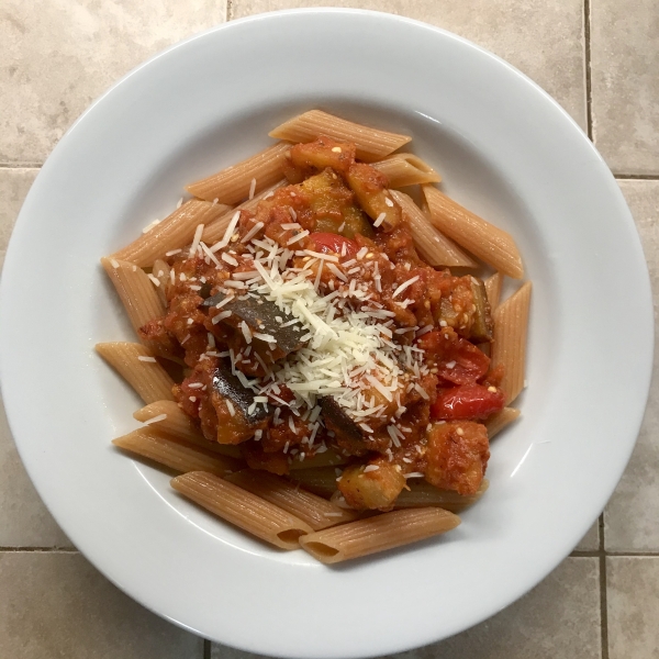 Spicy Eggplant and Pasta with Pancetta