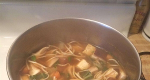 Vegan Udon Noodles Soup with Tofu and Vegetables