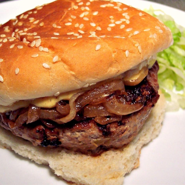 Kickin' Turkey Burger with Caramelized Onions and Spicy Sweet Mayo