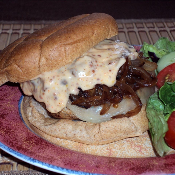 Kickin' Turkey Burger with Caramelized Onions and Spicy Sweet Mayo