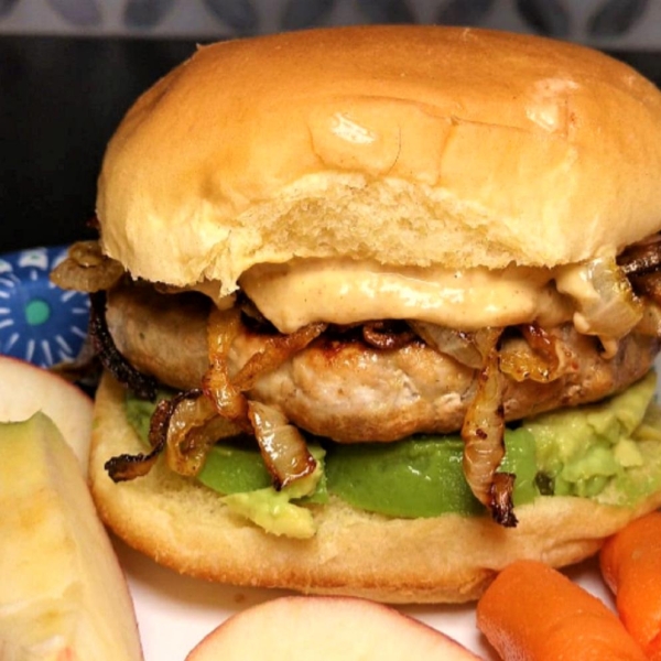 Kickin' Turkey Burger with Caramelized Onions and Spicy Sweet Mayo