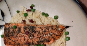 Baked Salmon with Lemony Orzo and Basil-Bacon Peas