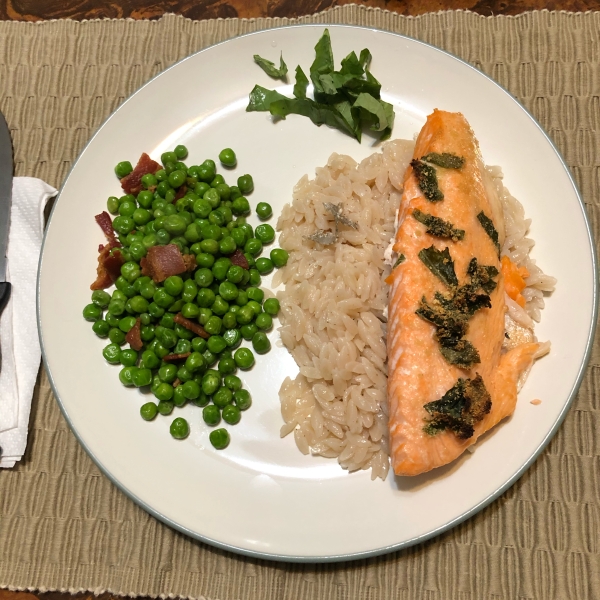 Baked Salmon with Lemony Orzo and Basil-Bacon Peas