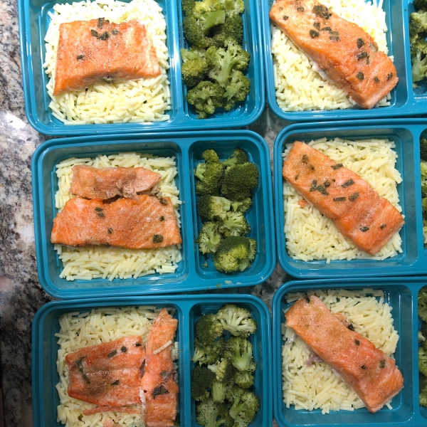 Baked Salmon with Lemony Orzo and Basil-Bacon Peas