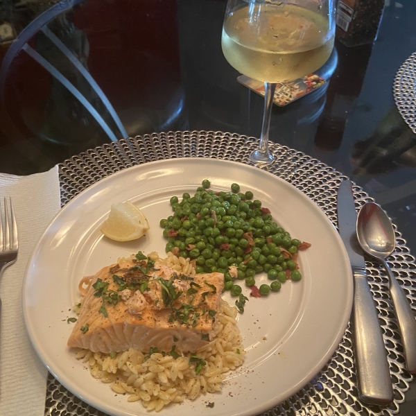 Baked Salmon with Lemony Orzo and Basil-Bacon Peas