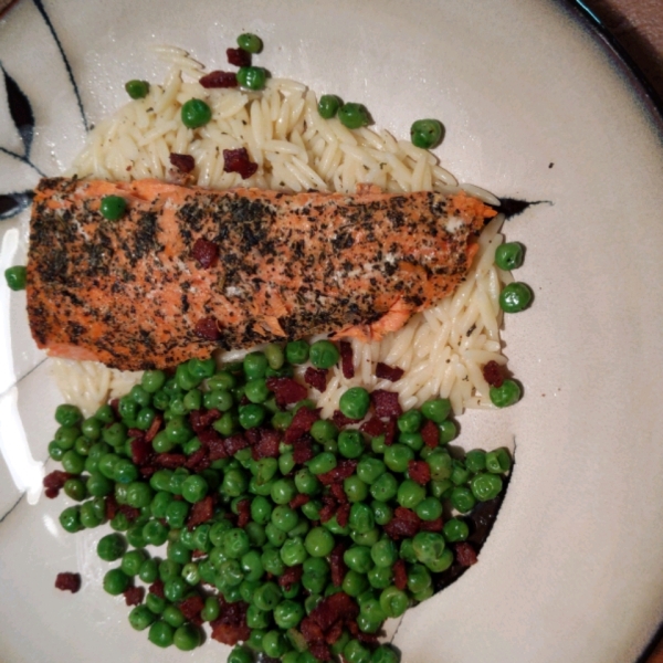 Baked Salmon with Lemony Orzo and Basil-Bacon Peas