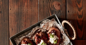 Grilled Sweet Potatoes with BBQ Baked Beans and Cilantro Cream