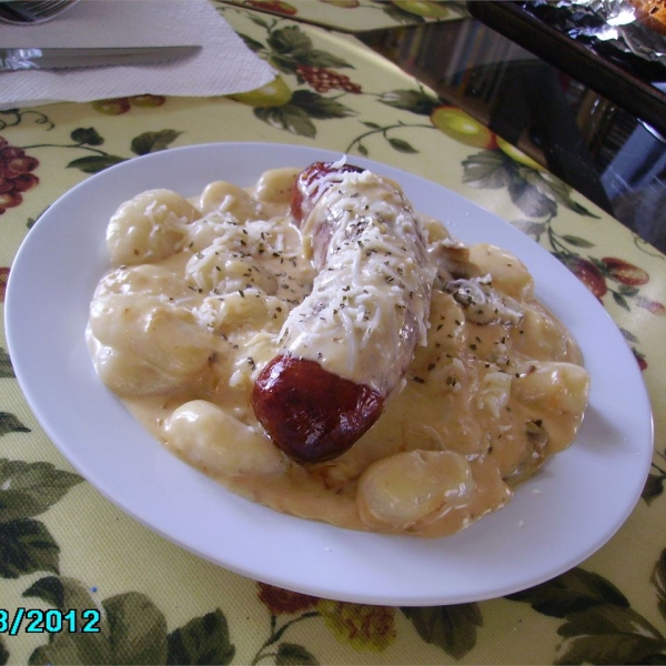 Bangers and Gnocchi with a Roasted Shallot and Cheese Sauce