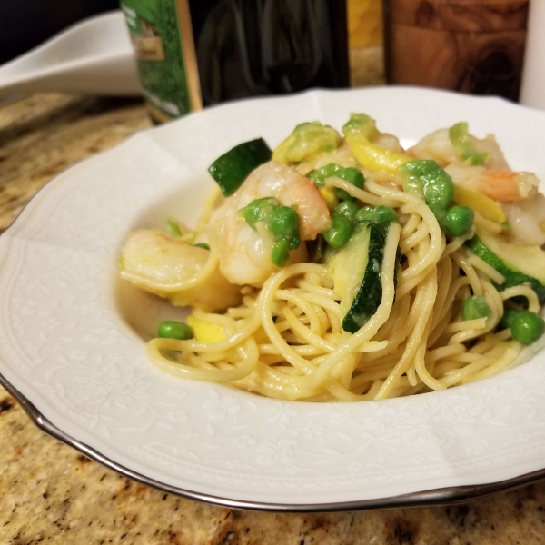 Garlicky Shrimp Primavera with Shishito Peppers