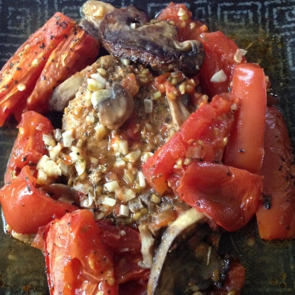 Roasted Pork Chops with Tomatoes, Mushrooms, and Garlic Sauce