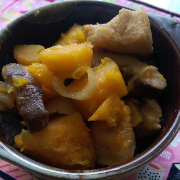 Simmered Kabocha Pumpkin and Fried Tofu with Sweet Soy Sauce