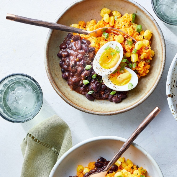 Yellow Rice and Sofrito Beans with Jammy Eggs