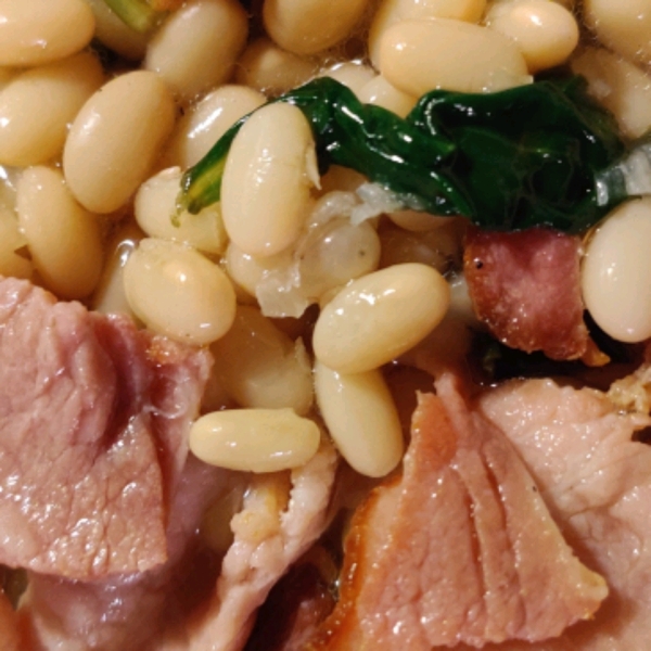 Navy Beans and Greens with Bacon and Garlic