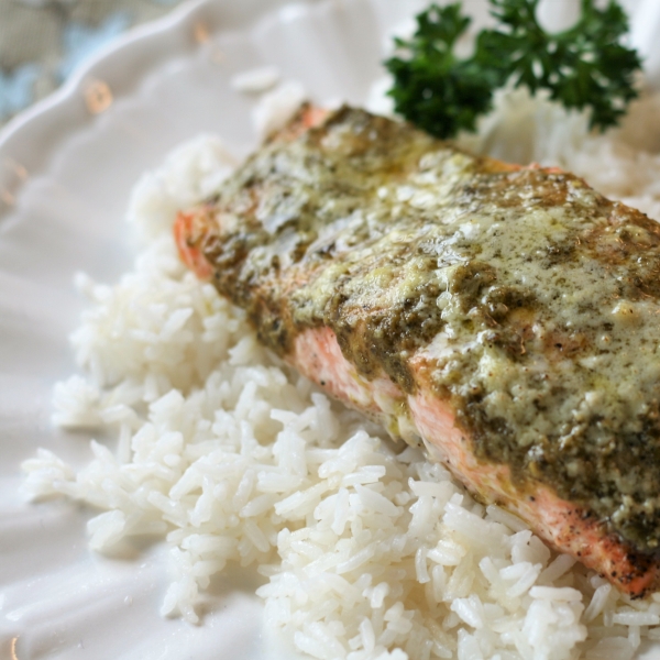 Basil Pesto Salmon Parmesan