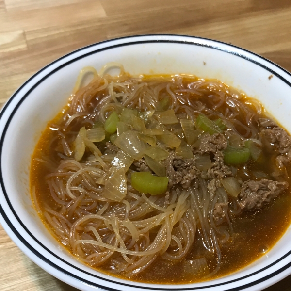 Asian-Themed Beef and Rice Noodle Soup