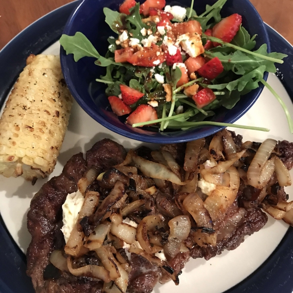 Pan-Roasted Ribeye with Caramelized Onions and White Truffle Butter