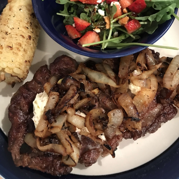 Pan-Roasted Ribeye with Caramelized Onions and White Truffle Butter