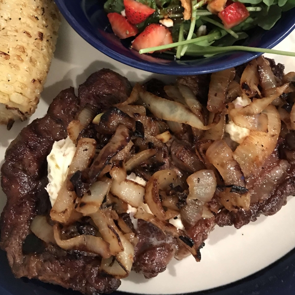 Pan-Roasted Ribeye with Caramelized Onions and White Truffle Butter