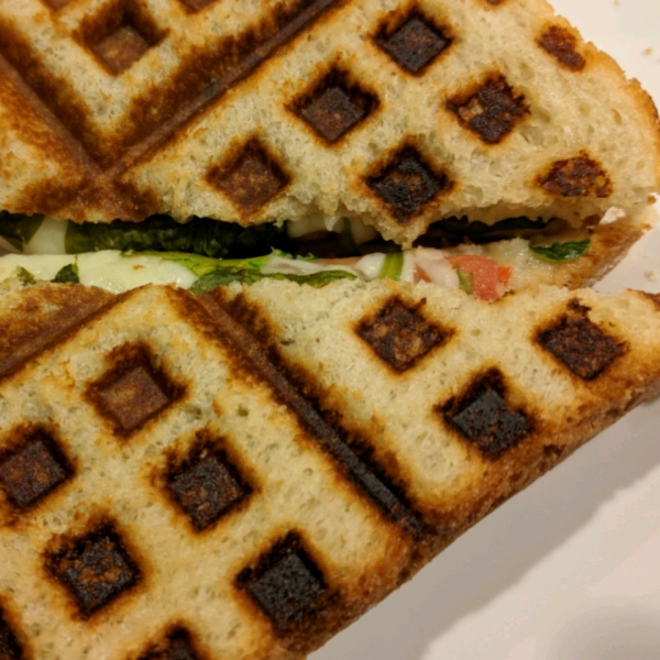 Waffle Sandwich with Cheese, Spinach and Spicy Mustard