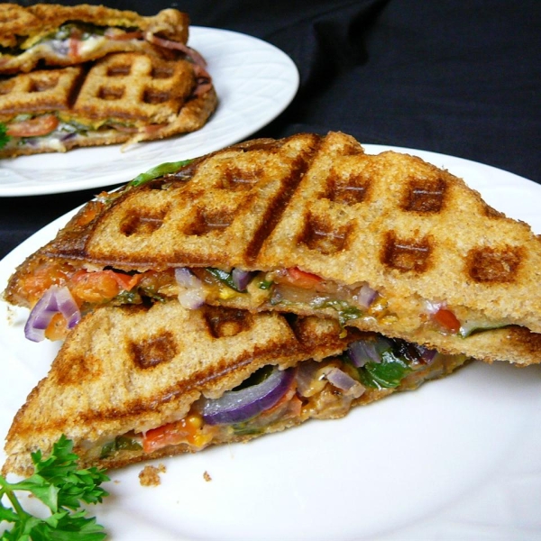 Waffle Sandwich with Cheese, Spinach and Spicy Mustard