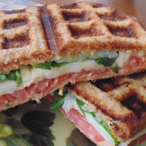 Waffle Sandwich with Cheese, Spinach and Spicy Mustard