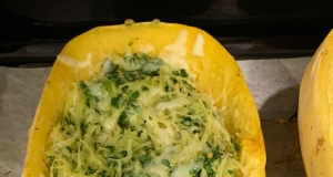 Cheesy Roasted Garlic Spaghetti Squash with Spinach