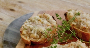 Crostini with Pear, Parmesan, and Caramelized Shallots