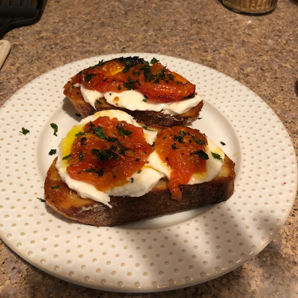 Roasted Tomato, Avocado, and Fresh Mozzarella Crostini