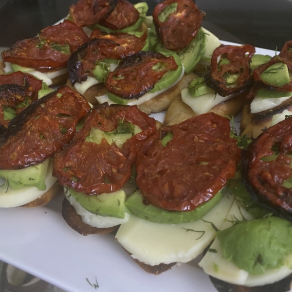 Roasted Tomato, Avocado, and Fresh Mozzarella Crostini