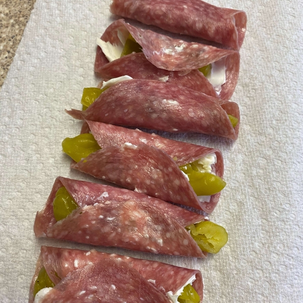 Salami, Cream Cheese, and Pepperoncini Roll-Ups