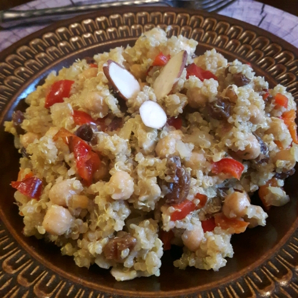 Pantry Curried Quinoa with Garbanzo Beans and Roasted Peppers