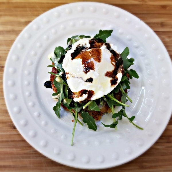 Hash Cake Eggs Benedict with Balsamic Glaze