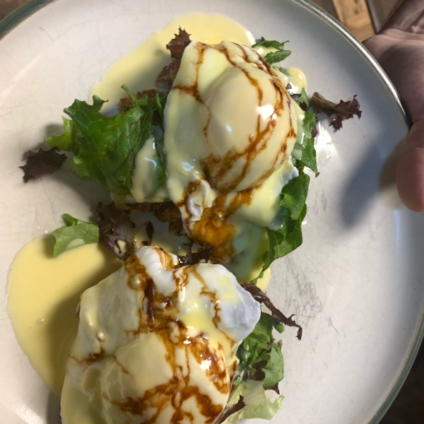 Hash Cake Eggs Benedict with Balsamic Glaze