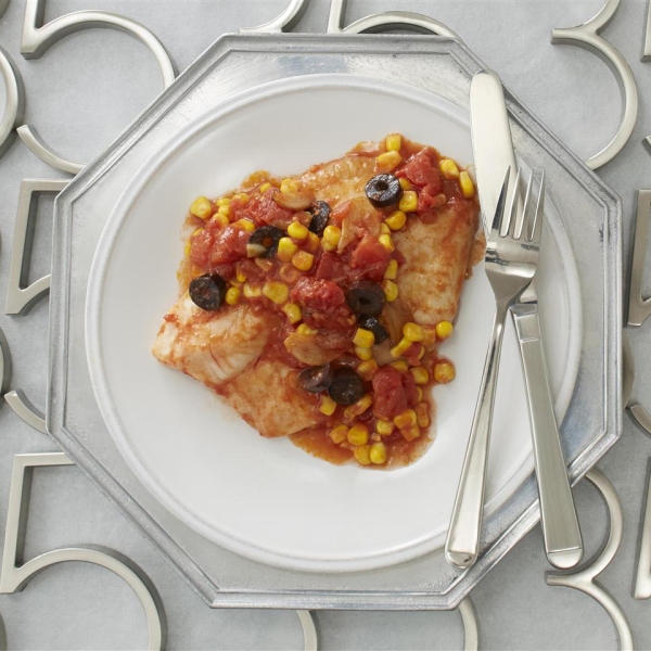 Tilapia with Tomatoes, Black Olives and Corn