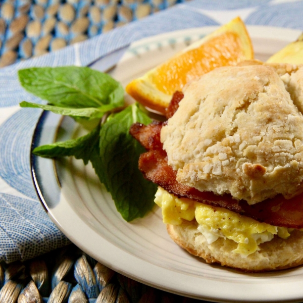 Bacon, Egg, and Cheese Buttermilk Biscuit Breakfast Sandwich