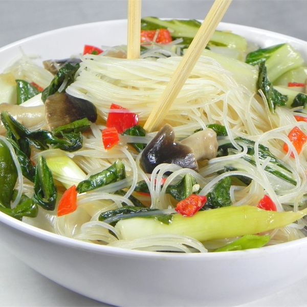Rice Noodles with Shiitakes, Choy, and Chiles