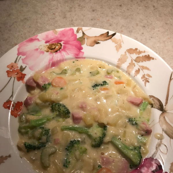 Potato, Ham, Broccoli, and Cheese Soup with Baby Dumplings