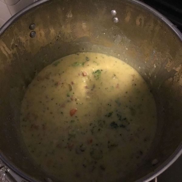 Potato, Ham, Broccoli, and Cheese Soup with Baby Dumplings